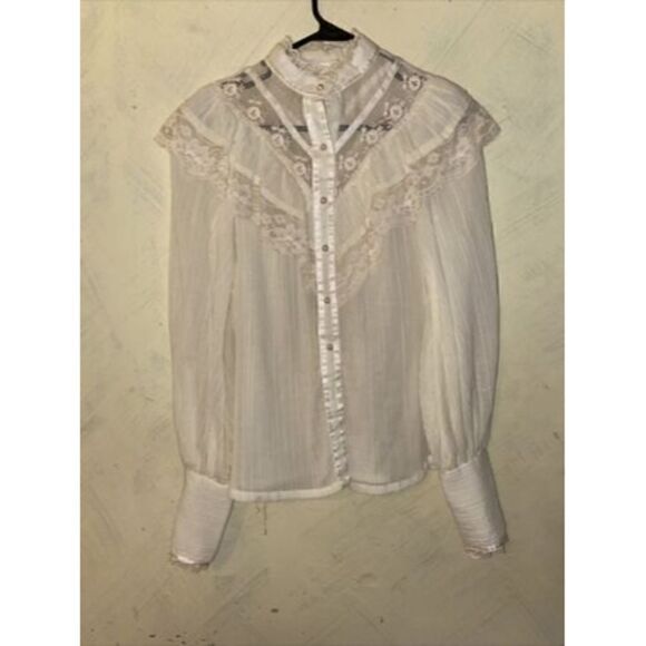 Jessica's Gunnies Tops - Vtg 1970s Gunne Sax Jessica's Gunnies Victorian High Neck Blouse Ivory Pearls M